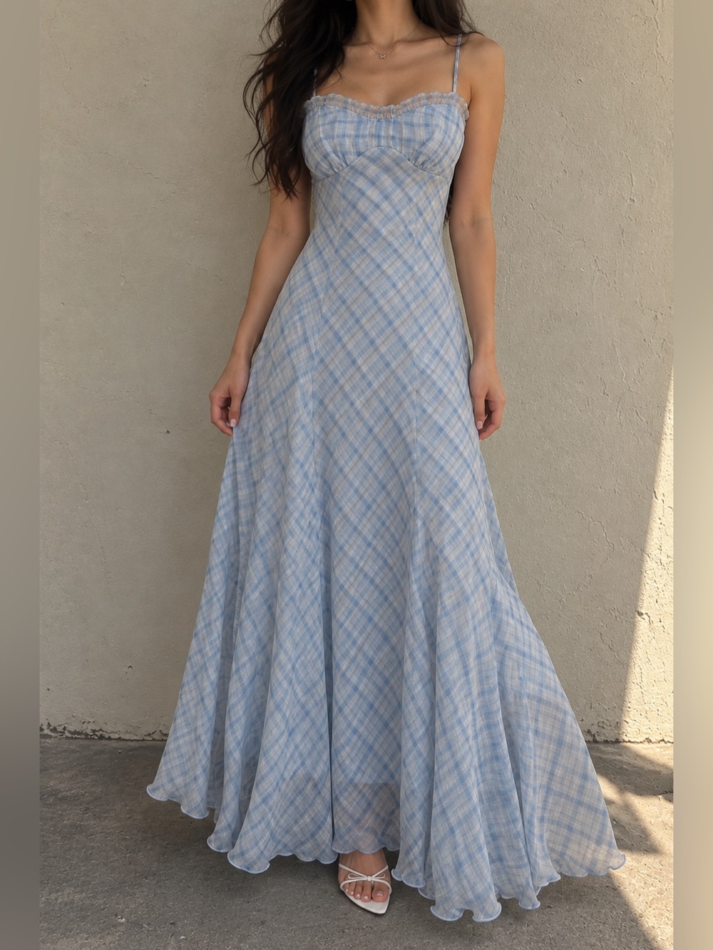 Astr Light Blue Plaid Spaghetti-Strap Maxi Dress